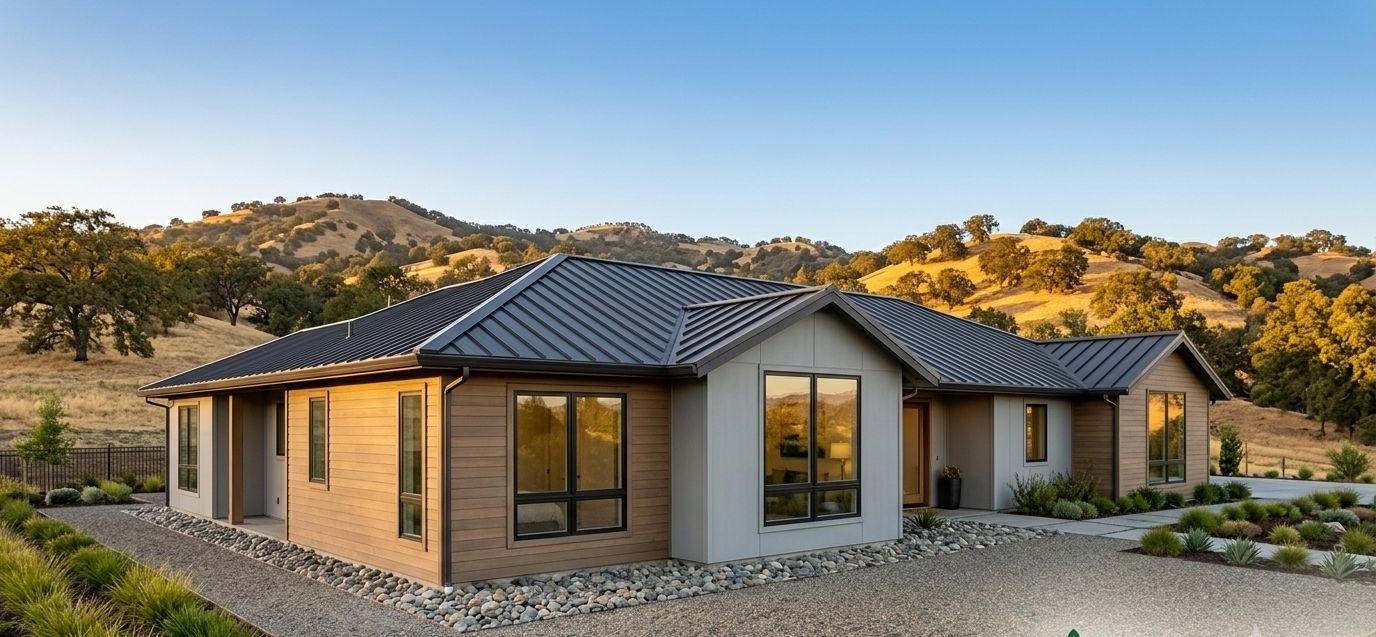 Modern California ranch home with standing seam metal roof, fiber cement siding, and a clean gravel and stone zone in the first five feet around the walls