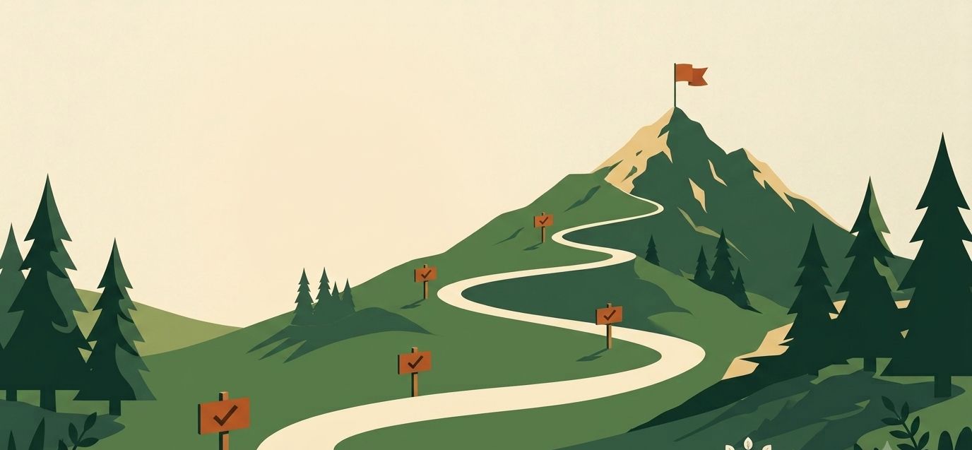 Illustration of a winding trail with checkmarked markers leading to a mountain summit with a flag: the verified steps and the designation