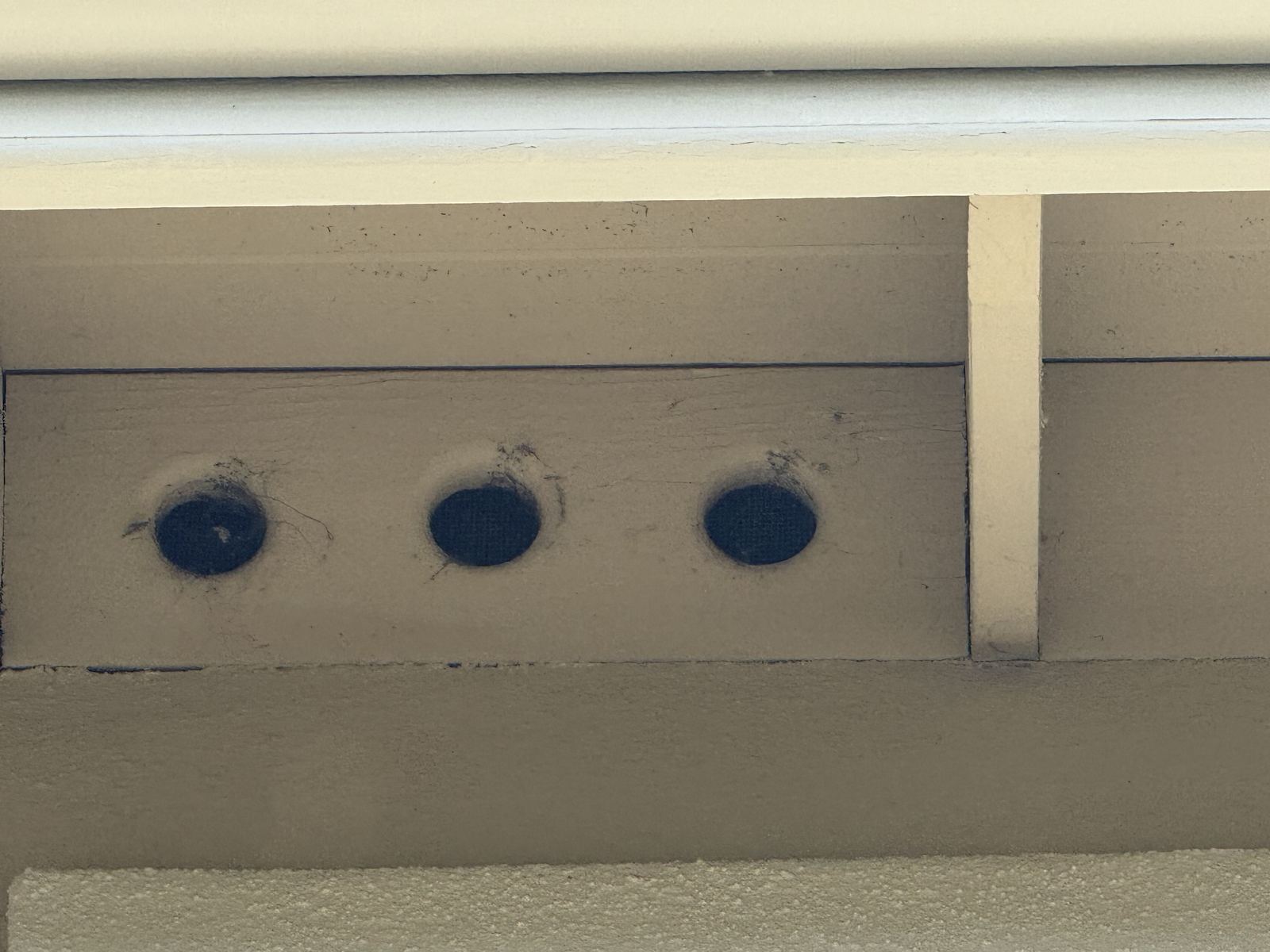 Round frieze block vent holes under an eave, screening condition unclear with visible dust and webs