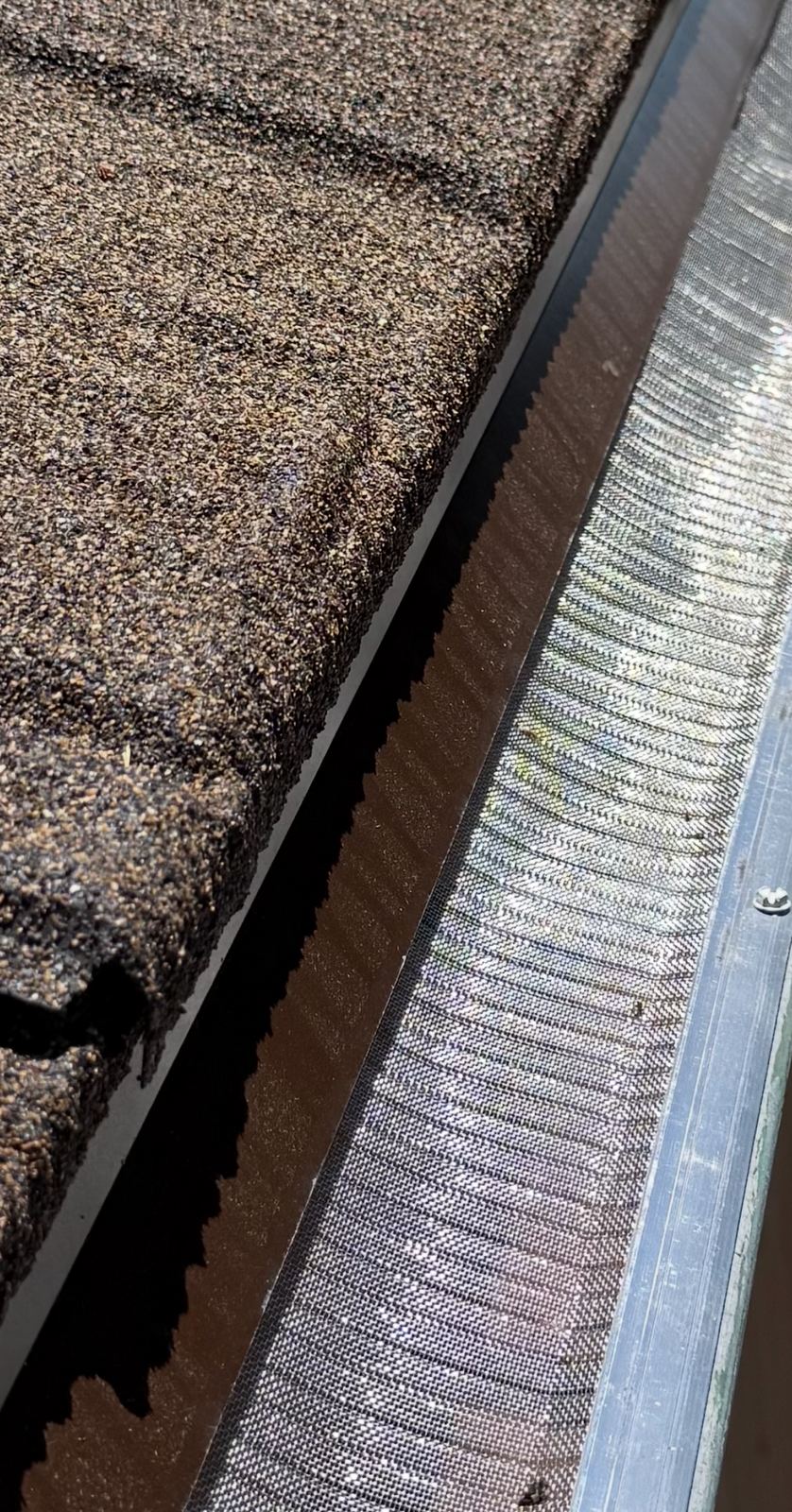 Micro-mesh gutter guard along a shingle roof edge