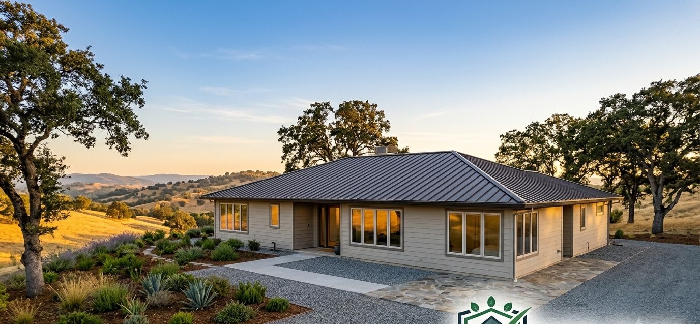 A hardened ranch home on golden California hills at evening