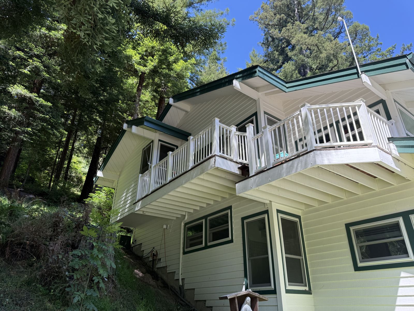 Home among redwoods with dense understory on the slope below